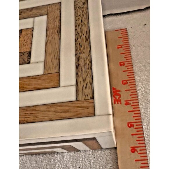 NEW Inlaid Acrylic & Wood Square Box 6" x 6" x 3"H White Natural Stripe - Picture 8 of 9